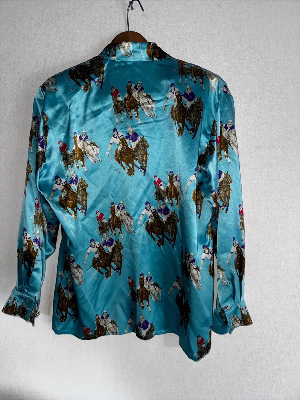 RARE late 1980s to early 1990’s Escada Turquoise Polo-Print Silk Shirt - Picture 2 of 6